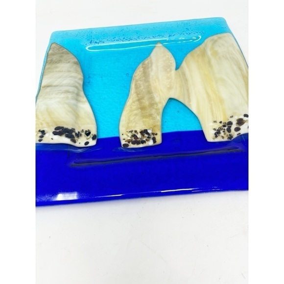 LOS CABOS Square Blue Beige Fused Glass Platter Serving Plate 11” X 11” - Picture 2 of 6
